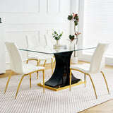 Hearth and Haven Modern Simple Table and Chair Set, One Table and Four Chairs. Transparent Tempered Glass Table Top, Solid Base. Gold Plated Metal Chair Legs (Set Of 5) W210S00086