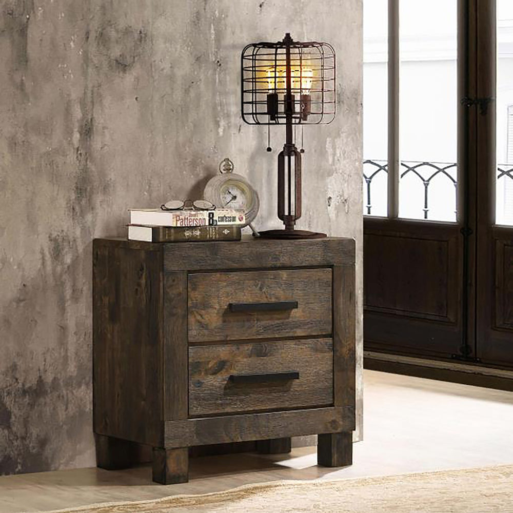 English Elm Rustic Golden Brown 2-Drawer Nightstand with Wire-Brushed Matte Finish, Black Hardware & Pulls B062P145494