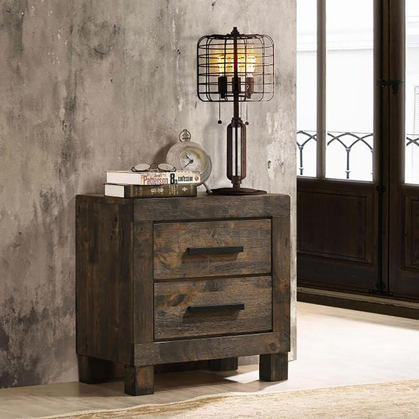 English Elm Rustic Golden Brown 2-Drawer Nightstand with Wire-Brushed Matte Finish, Black Hardware & Pulls B062P145494