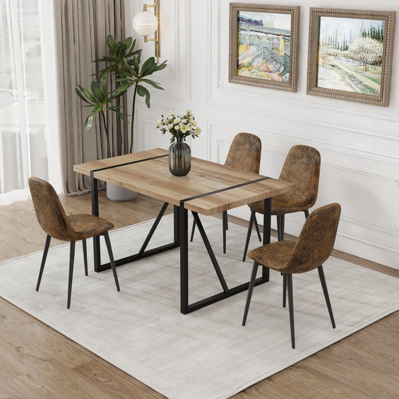 English Elm 55" Modern Mdf Wood Dining Table Set With 4 Ergonomic Suede Chairs - Mid-Century Style For Families W2189S00629