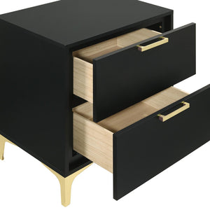 English Elm Black Black and Gold 2-Drawer Rectangular Nightstand with Gold Pulls and Bracket Legs, Space-Saving Luxury Storage B062P145592