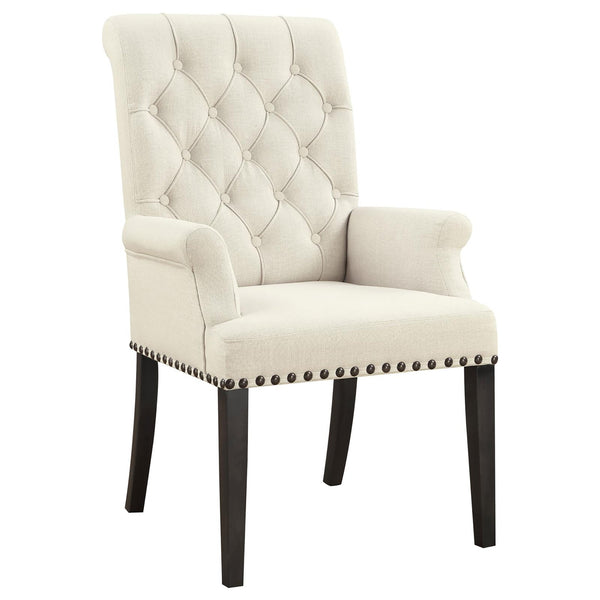 English Elm Beige Tufted Arm Chair with Diamond Button Back, Matte Gunmetal Nailhead Trim and Smokey Black Legs B062P145444