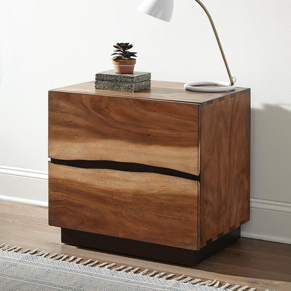 English Elm Smokey Modern Smokey Walnut Nightstand with 2 Felt-Lined Drawers, Raw Edge Wood, Black Base Contrast B062P145565