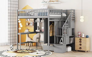 English Elm Full Size Kids Loft Bed with Integrated Desk Bookshelf Wardrobe and Storage Drawers Gray LT100669AAE