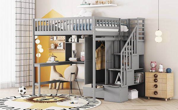 English Elm Full Size Kids Loft Bed with Integrated Desk Bookshelf Wardrobe and Storage Drawers Gray LT100669AAE