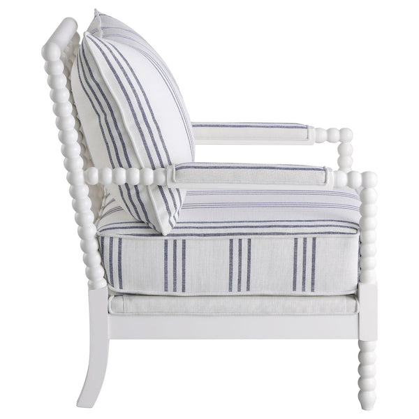 English Elm White Nautical Upholstered Stripe Accent Chair with Stacked-Sphere Spindle Arms, Coastal Linen Look - Elegant Cottage Statement Piece B062P145435