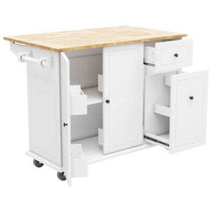 English Elm Kitchen Island With Drop Leaf, 53.9" Width Rolling Kitchen Cart On Wheels With Internal Storage Rack and 3 Tier Pull Out Cabinet Organizer, Kitchen Storage Cart With Spice Rack, Towel Rack (White)