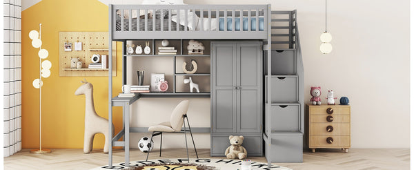 English Elm Full Size Kids Loft Bed with Integrated Desk Bookshelf Wardrobe and Storage Drawers Gray LT100669AAE