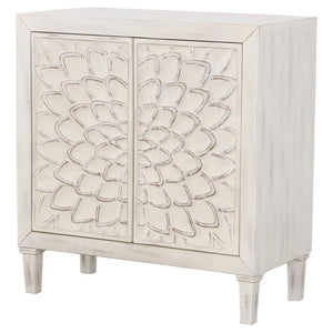 English Elm White Floral Accent Cabinet with Distressed Farmhouse Finish, 2-Door Wooden Storage with Shelves (34" H) B062P145463