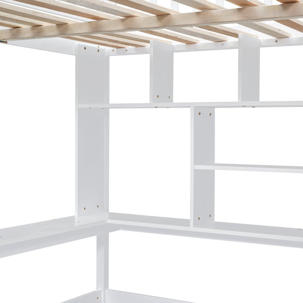 English Elm Full Size Kids Loft Bed with Integrated Desk Bookshelf Wardrobe and Storage Drawers White LT100669AAK