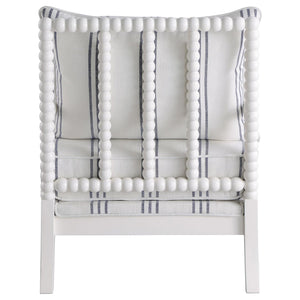 English Elm White Nautical Upholstered Stripe Accent Chair with Stacked-Sphere Spindle Arms, Coastal Linen Look - Elegant Cottage Statement Piece B062P145435