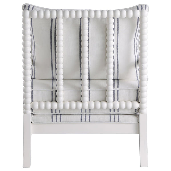 English Elm White Nautical Upholstered Stripe Accent Chair with Stacked-Sphere Spindle Arms, Coastal Linen Look - Elegant Cottage Statement Piece B062P145435