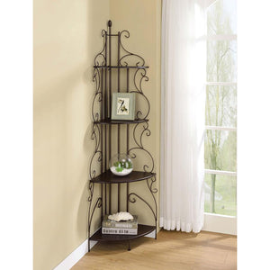 English Elm Cappuccino 4-Tier Corner Bookcase with Copper Scrollwork — Space-Saving Metal & MDF Display Shelf, 73.5" High B062P145489