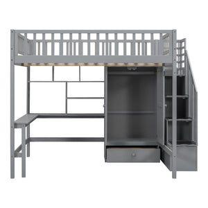 English Elm Full Size Kids Loft Bed with Integrated Desk Bookshelf Wardrobe and Storage Drawers Gray LT100669AAE
