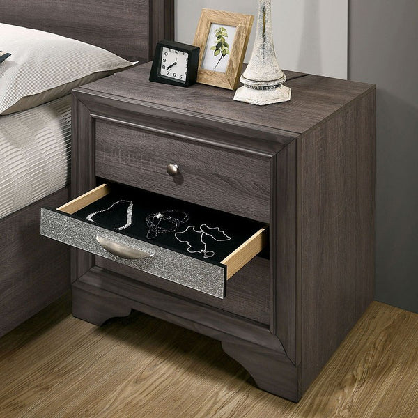 English Elm Contemporary gleaming bedside nightstand with silver accents, dovetail jewelry drawer and nickel knob, 26"H compact design Gray 30 L x 20 W x 30 H B011P145827