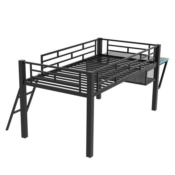 English Elm Gaming Mid Loft Bed with Desk & LED, Twin Black Steel Frame, Under-Bed Console Storage, Sturdy 350lb Capacity MF313231AAB