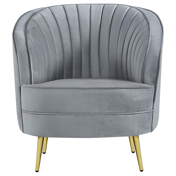 English Elm Grey Velvet Tufted Accent Chair with Gold Tapered Legs, Retro Barrel Shape, Welt Trim, Plush Seating B062P145585