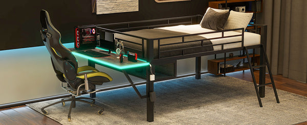 English Elm Gaming Mid Loft Bed with Desk & LED | Full Black Steel Platform, Vented Console Storage, 350lb Capacity GX000640AAB