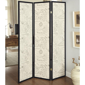 English Elm Beige French Country 3-Panel Folding Screen in Espresso Frame with Toile Script Print, 70" H B062P145591