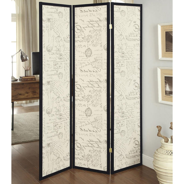 English Elm Beige French Country 3-Panel Folding Screen in Espresso Frame with Toile Script Print, 70" H B062P145591