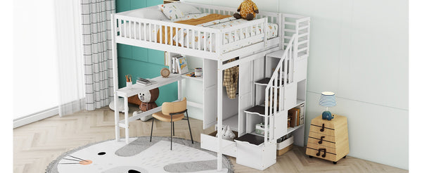 English Elm Full Size Kids Loft Bed with Integrated Desk Bookshelf Wardrobe and Storage Drawers White LT100669AAK