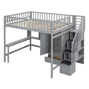 English Elm Full Size Kids Loft Bed with Integrated Desk Bookshelf Wardrobe and Storage Drawers Gray LT100669AAE