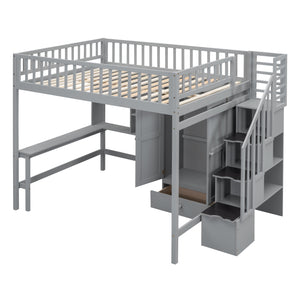 Hearth and Haven Rodriguez Full Size Loft Bed with Bookshelf, Desk and Wardrobe, Grey LT100669AAE