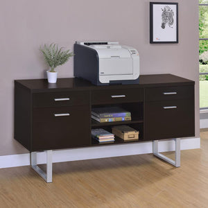 English Elm Cappuccino 5-Drawer Credenza with Open Shelving, Sleek Modern Profile, U-Shaped Metal Legs, Storage B062P145476