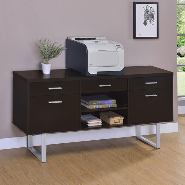 English Elm Cappuccino 5-Drawer Credenza with Open Shelving, Sleek Modern Profile, U-Shaped Metal Legs, Storage B062P145476
