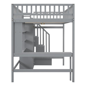 English Elm Full Size Kids Loft Bed with Integrated Desk Bookshelf Wardrobe and Storage Drawers Gray LT100669AAE
