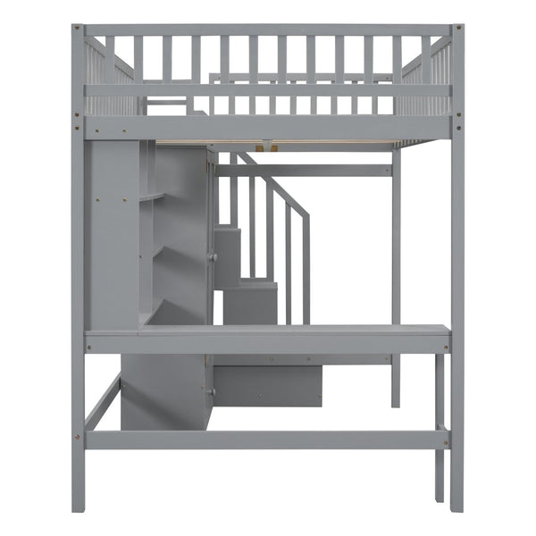 English Elm Full Size Kids Loft Bed with Integrated Desk Bookshelf Wardrobe and Storage Drawers Gray LT100669AAE