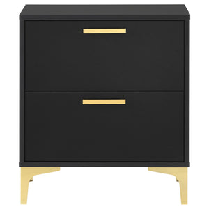 English Elm Black Black and Gold 2-Drawer Rectangular Nightstand with Gold Pulls and Bracket Legs, Space-Saving Luxury Storage B062P145592