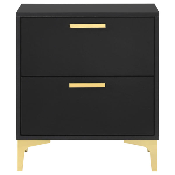 English Elm Black Black and Gold 2-Drawer Rectangular Nightstand with Gold Pulls and Bracket Legs, Space-Saving Luxury Storage B062P145592