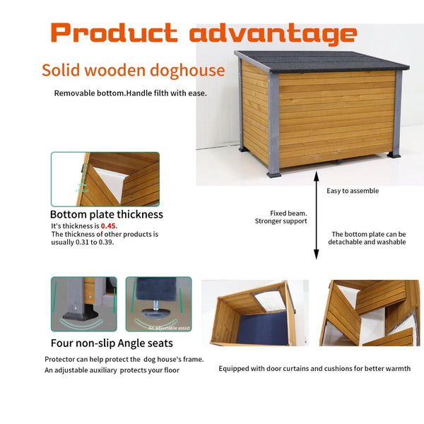 English Elm 45" Solid Wood Outdoor Dog House with Insulated Mat and Windproof Door Curtain W1431133657