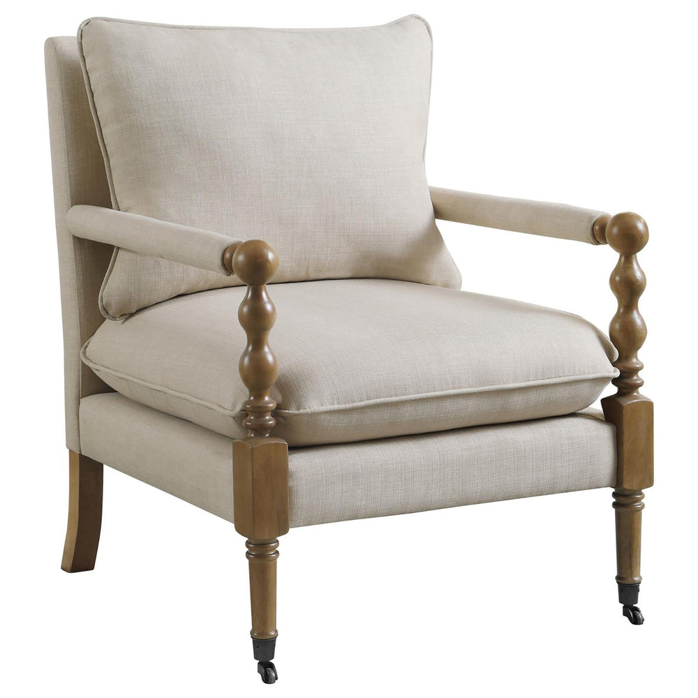English Elm Beige Beatrice Wooden Accent Chair with Plush Pillows, Curved Turned Legs & Front Casters for Easy Mobility and Cozy Style B062P145436
