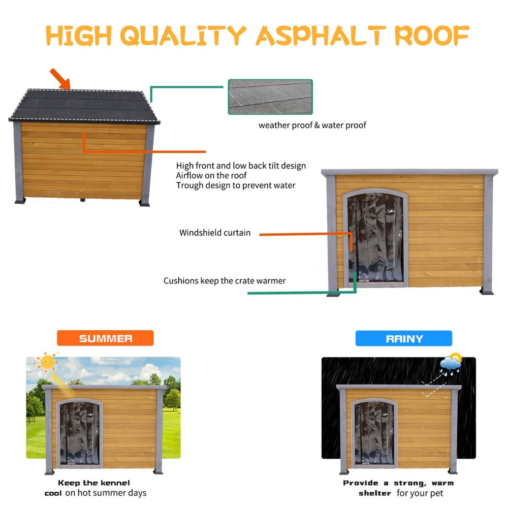English Elm 45" Solid Wood Outdoor Dog House with Insulated Mat and Windproof Door Curtain W1431133657