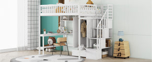 English Elm Full Size Kids Loft Bed with Integrated Desk Bookshelf Wardrobe and Storage Drawers White LT100669AAK
