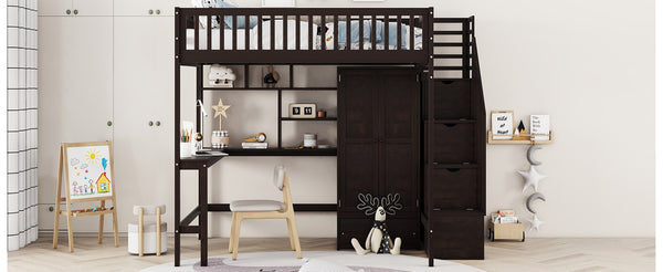 English Elm Full Size Kids Loft Bed with Integrated Desk Bookshelf Wardrobe and Storage Drawers Espresso LT100669AAP