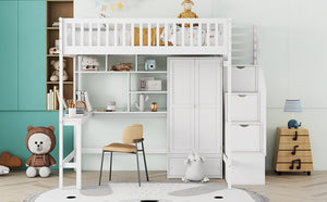 English Elm Full Size Kids Loft Bed with Integrated Desk Bookshelf Wardrobe and Storage Drawers White LT100669AAK