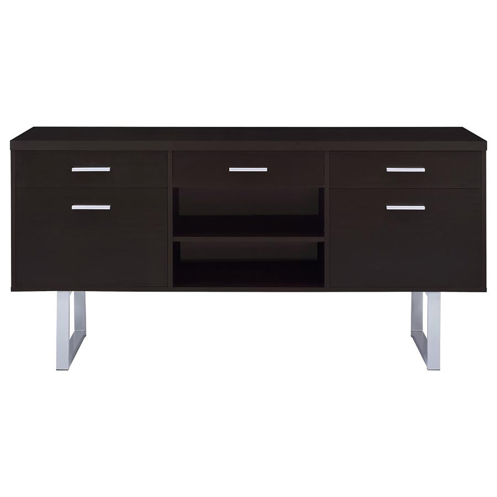 English Elm Cappuccino 5-Drawer Credenza with Open Shelving, Sleek Modern Profile, U-Shaped Metal Legs, Storage B062P145476