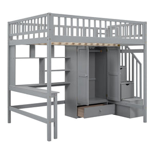 English Elm Full Size Kids Loft Bed with Integrated Desk Bookshelf Wardrobe and Storage Drawers Gray LT100669AAE