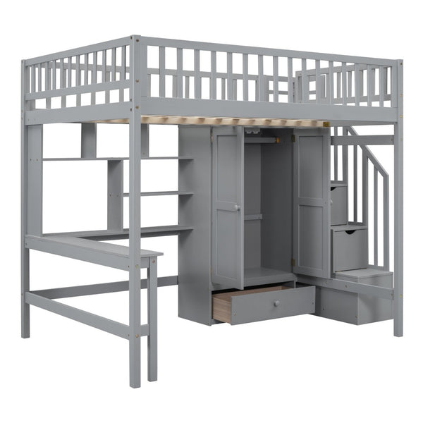 English Elm Full Size Kids Loft Bed with Integrated Desk Bookshelf Wardrobe and Storage Drawers Gray LT100669AAE
