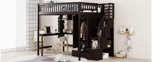 English Elm Full Size Kids Loft Bed with Integrated Desk Bookshelf Wardrobe and Storage Drawers Espresso LT100669AAP