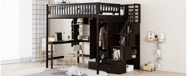 English Elm Full Size Kids Loft Bed with Integrated Desk Bookshelf Wardrobe and Storage Drawers Espresso LT100669AAP