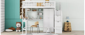 English Elm Full Size Kids Loft Bed with Integrated Desk Bookshelf Wardrobe and Storage Drawers White LT100669AAK