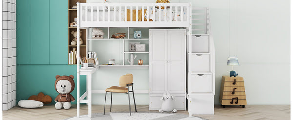 English Elm Full Size Kids Loft Bed with Integrated Desk Bookshelf Wardrobe and Storage Drawers White LT100669AAK