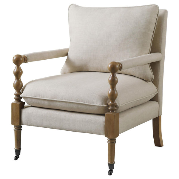 English Elm Beige Beatrice Wooden Accent Chair with Plush Pillows, Curved Turned Legs & Front Casters for Easy Mobility and Cozy Style B062P145436