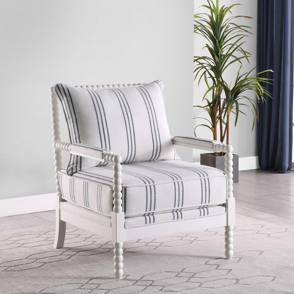 English Elm White Nautical Upholstered Stripe Accent Chair with Stacked-Sphere Spindle Arms, Coastal Linen Look - Elegant Cottage Statement Piece B062P145435