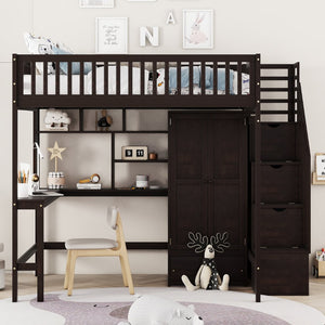 English Elm Full Size Kids Loft Bed with Integrated Desk Bookshelf Wardrobe and Storage Drawers Espresso LT100669AAP