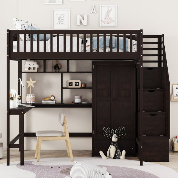 English Elm Full Size Kids Loft Bed with Integrated Desk Bookshelf Wardrobe and Storage Drawers Espresso LT100669AAP